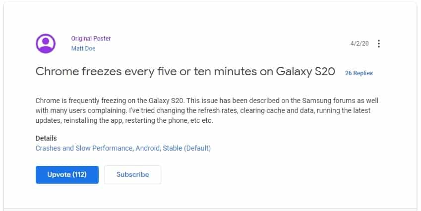 What users are saying about Galaxy S20 Chrome Freezing Issue