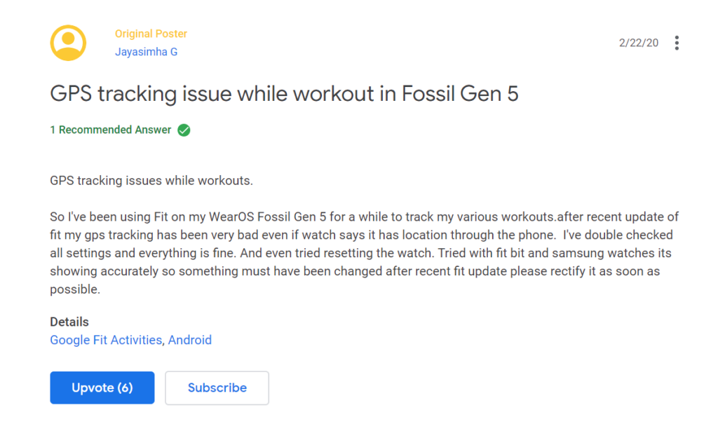 GPS tracking issue workout fossil 5