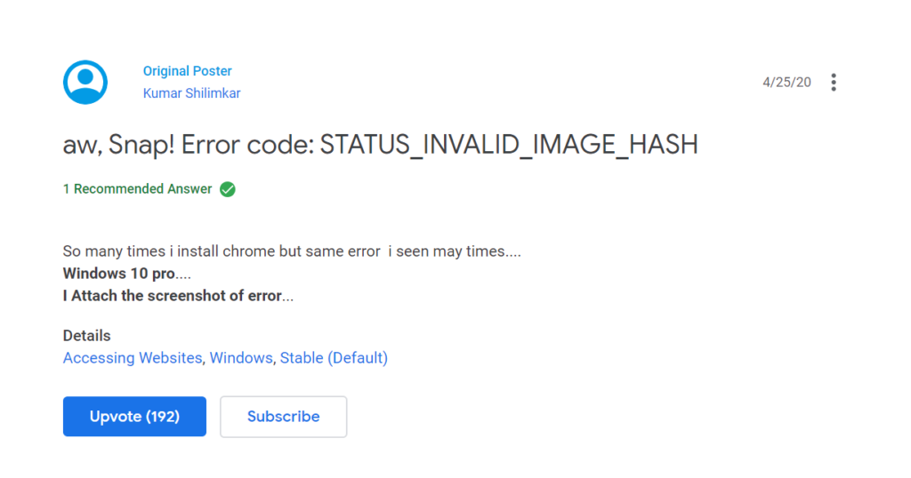 Aw Snap! STATUS_INVALID_IMAGE_HASH error? Google Chrome