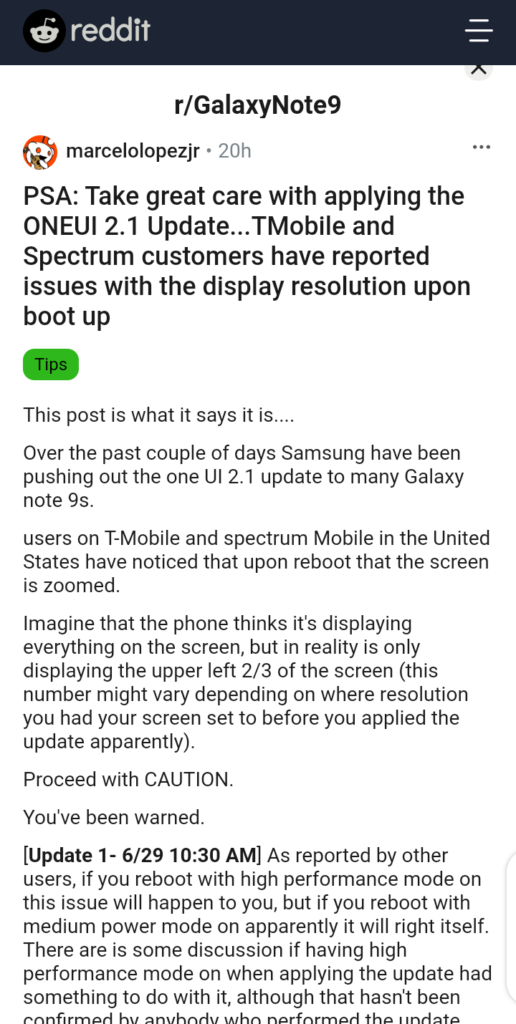 One UI 2.1 Update: T-Mobile & Galaxy Note 9 Users Report Display Issues