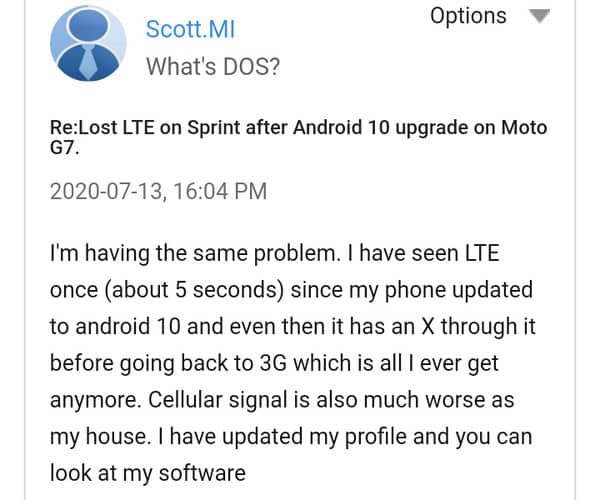 LTE internet issue sprint android 10 moto g7