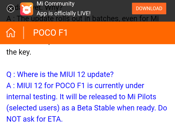 Poco F1 MIUI 12 Update Release Date