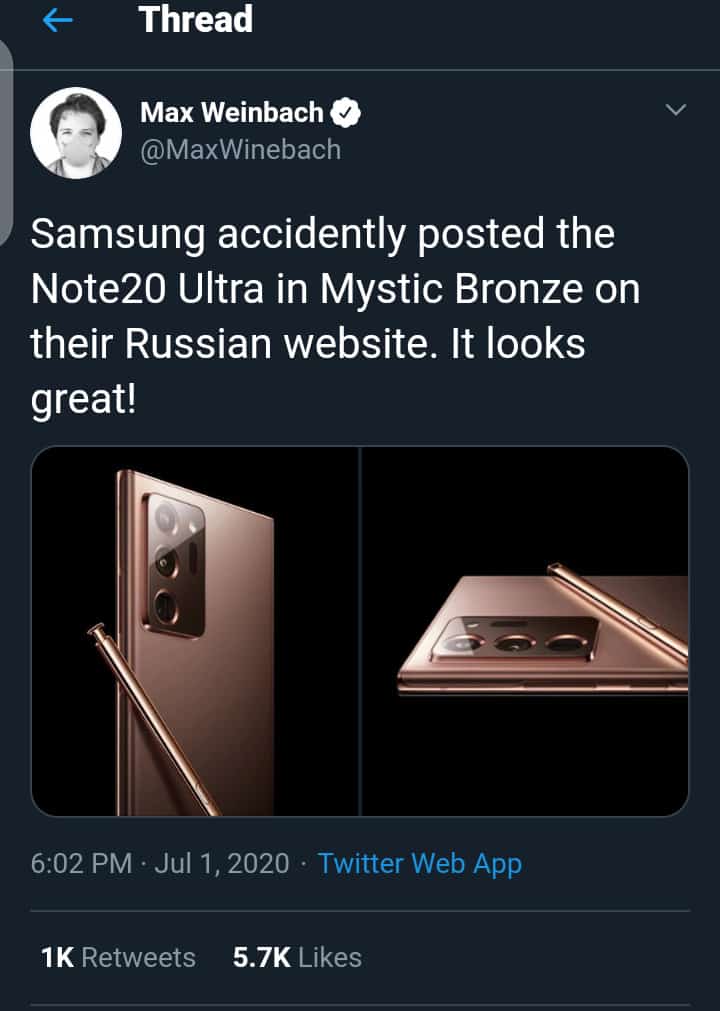 Galaxy Note 20 Ultra: Leaked Images From Samsung Russia Show The Flagship Device In New Color - Mystic Bronze