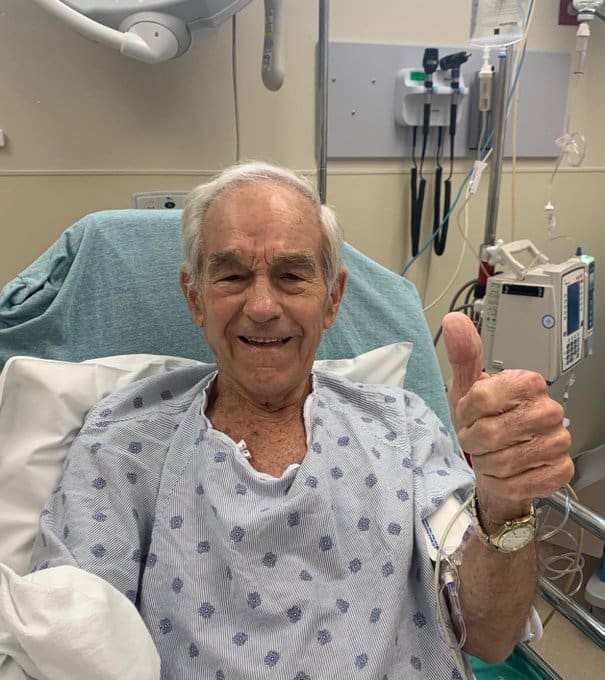 Ron Paul Thumbs Up live stream stroke hospital bed