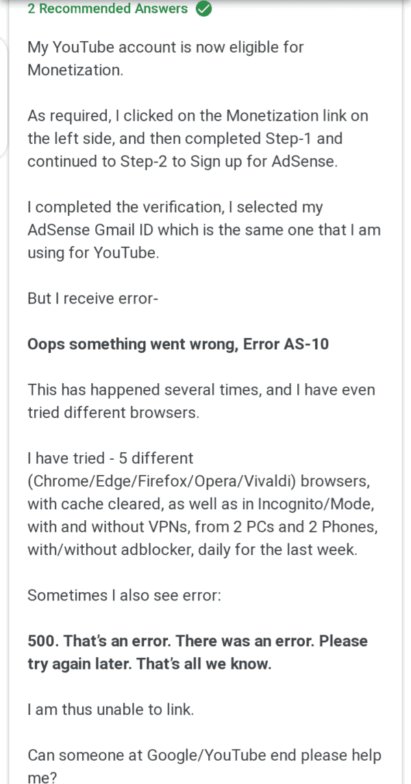 Users Encounter YouTube Monetization Error AS-10 While Trying To Sign Up For AdSense