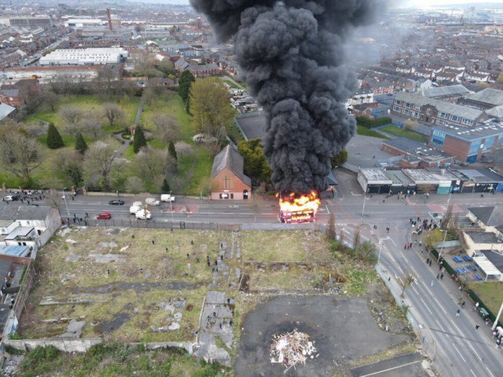 Belfast riots bus hijacked fire