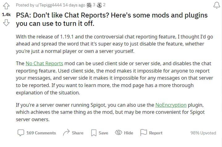 remove Minecraft Player or Chat reporting feature