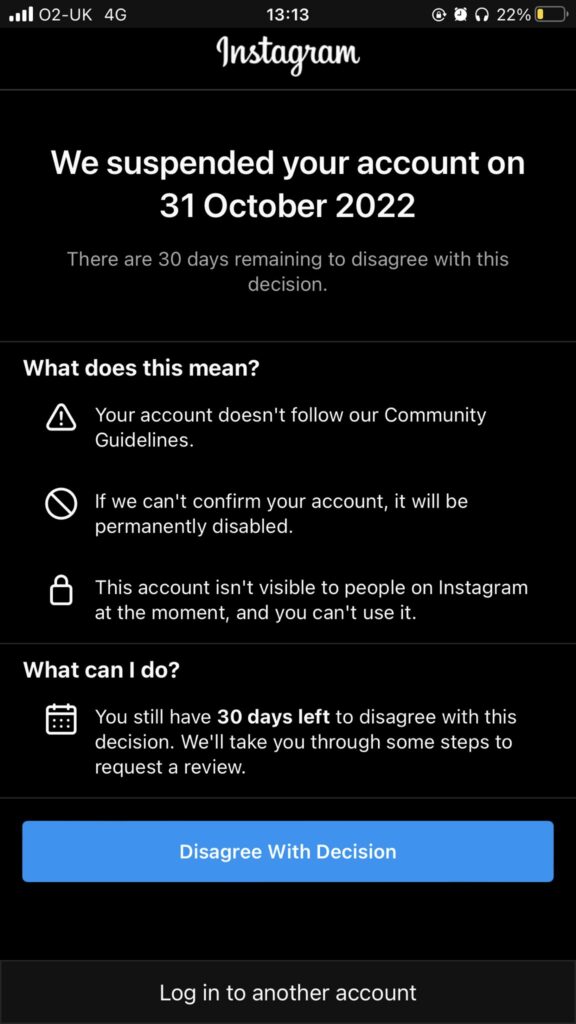 suspended hacked instagram user account