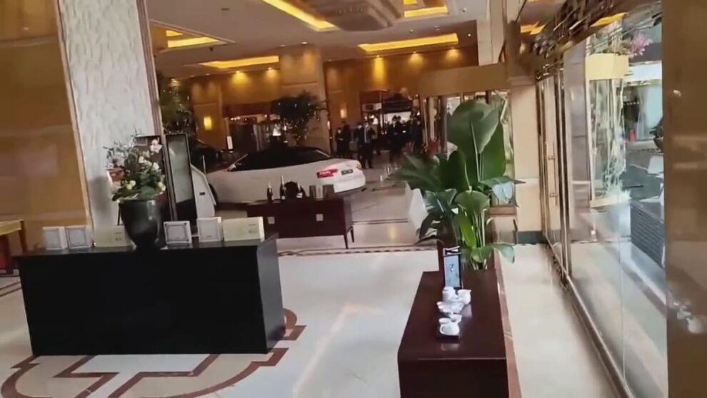 Disgruntled guest smashes car through Chinese hotel lobby