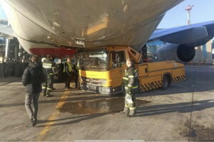 Photos show truck stuck under Emirates Airbus A380 plane at Moscow airport
