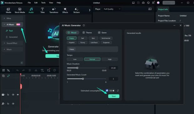 start generating ai music in filmora