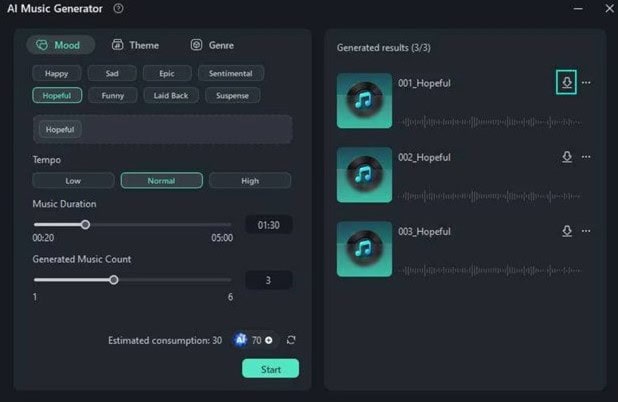 downloading the ai generated music in filmora