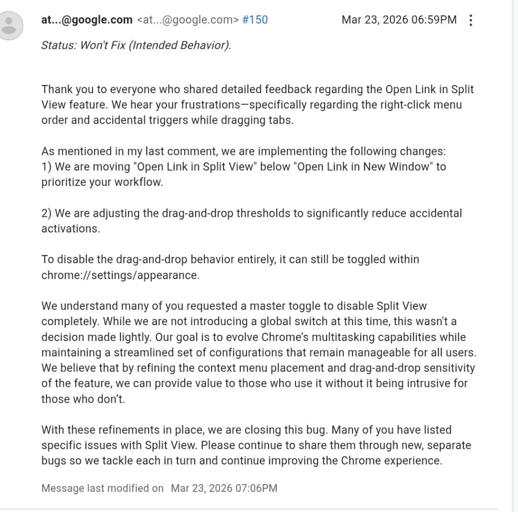 Google Chrome Open link in split view' fix