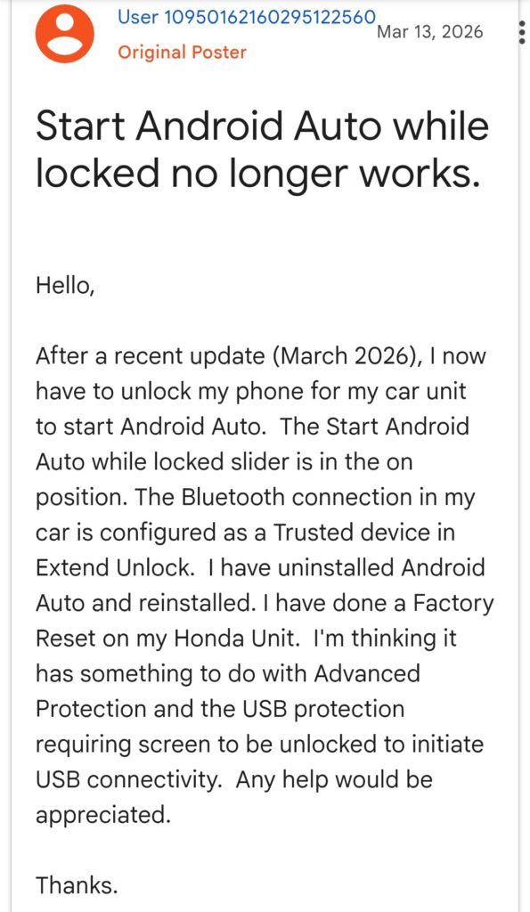 Start Android Auto While Locked not working