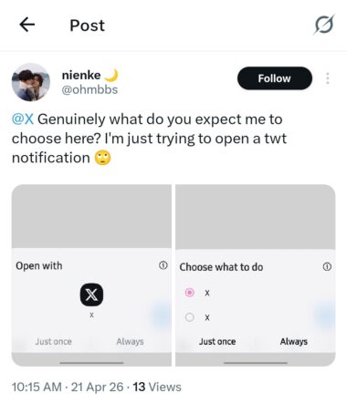 X notifications "open with" bug