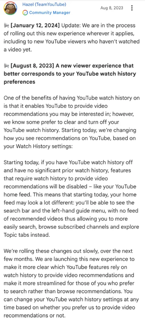 YouTube Home Page Watch History Paused 