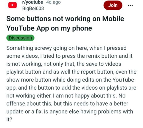Share and Save buttons not working YouTube mobile app