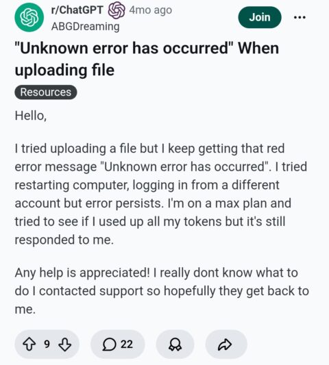 Unknown Error Occurred ChatGPT Upload Files