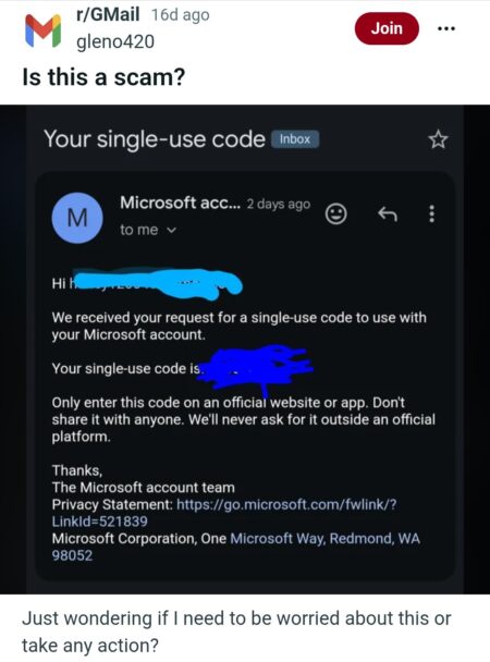 Microsoft "Your single-use code" email scam